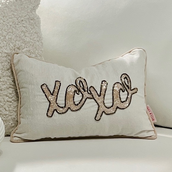 Bella Lux decorative pillow, off white/ivory blush pink piping, beaded wording - Picture 3 of 3